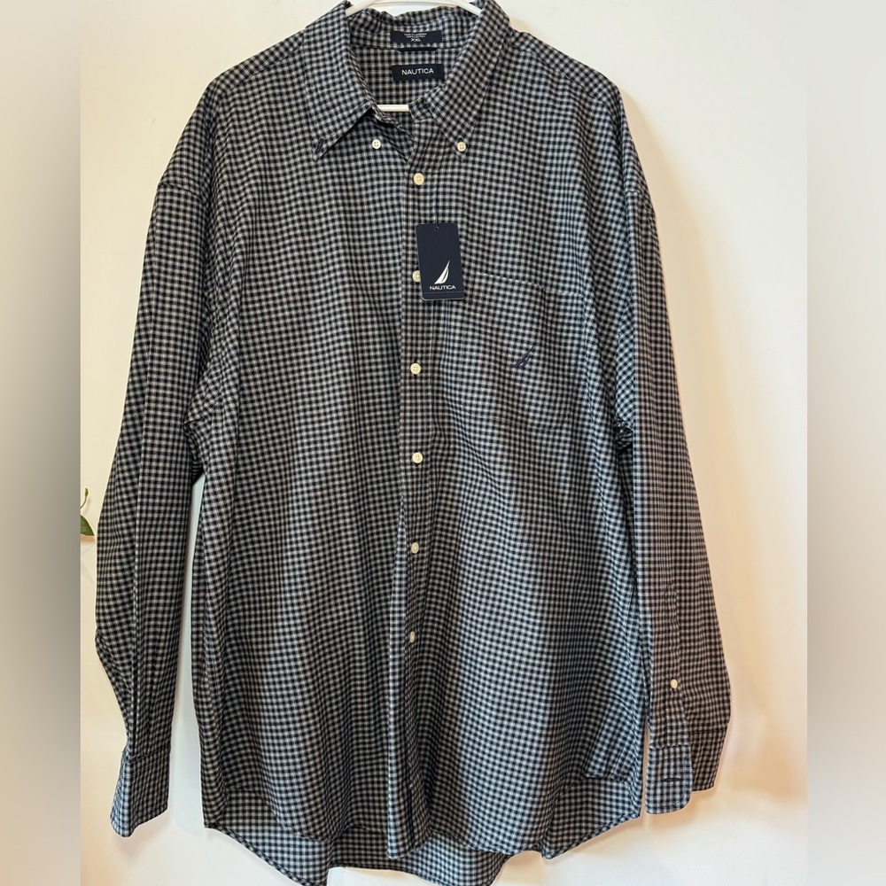 Nautica Button Down Shirt Long Sleeve Navy White Checked Workwear Men Sz XXL NWT